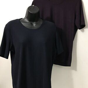 Lot of Two (2) Bonita Silky Casual Blouses, Navy/ Plum, Scoop Neck, Short Sleeve